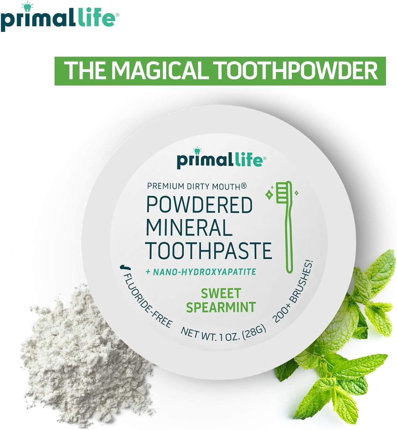 Primal Life Organics Toothpowder, Fluoride-Free Mineral Toothpaste Powder with Bentonite & Kaolin Clay, Baking Soda, Nano-Hydroxyapatite, Natural Oral Care, 4 oz