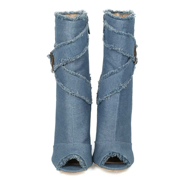 Denim peep toe booties hot sale