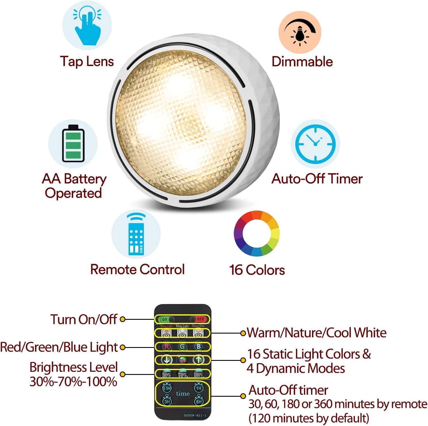 Onumii LED Puck Lights Battery Operated LED Under Cabinet Lighting Wireless Stick on Tap Lights with Remote Controll Color Changing Timer Function for Cabinets, Shelves, Closets - 6Pack White