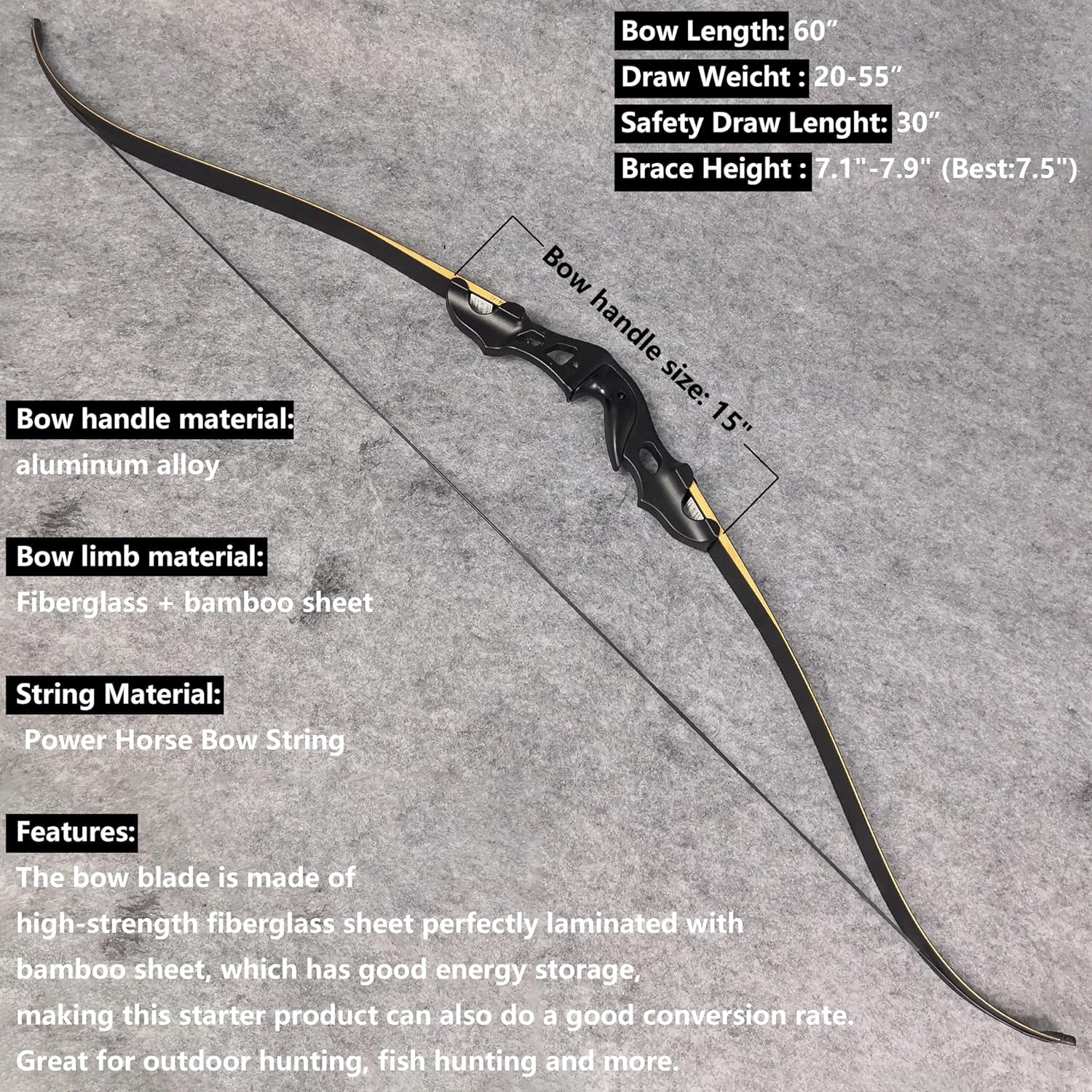 BLACK HUNTER 60" Recurve Bowfishing Kits with Reel for Adults Youth Hunting Bow Aluminium Bow Riser 30lbs-55lbs Right-Handed Bow