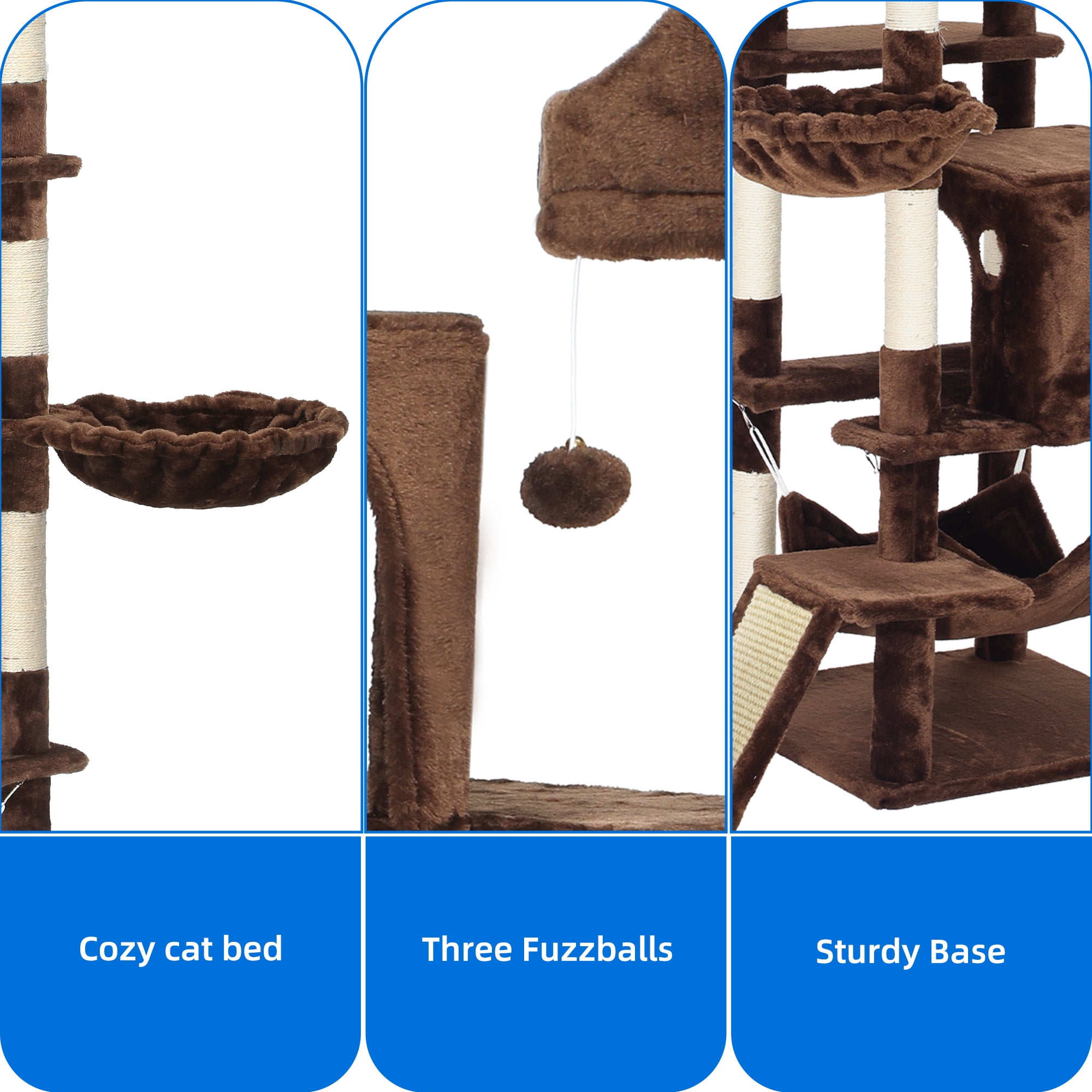 Dextrus 75" Tall Cat Tree for Large Cats, Multi-Level Play Tower Condo with Sisal Ramp Scratching Post & Hammocks, Brown