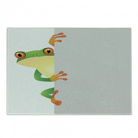 Reptile Cutting Board, Funky Frog Prince Big Eyes on Wall Camouflage Reptiles Theme, Decorative Tempered Glass Cutting and Serving Board, Small Size, Green Yellow Orange, by Ambesonne