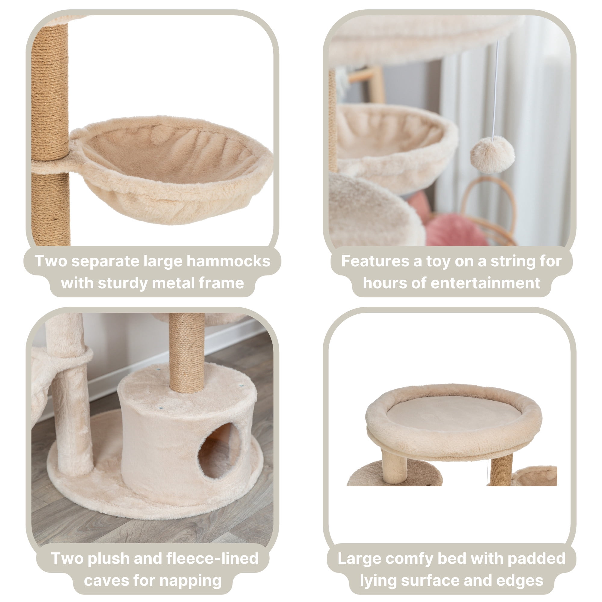 TRIXIE Anna Plush & Jute 50" Cat Tree Scratching Posts Condos Hammocks Perches Cat Toy, Beige