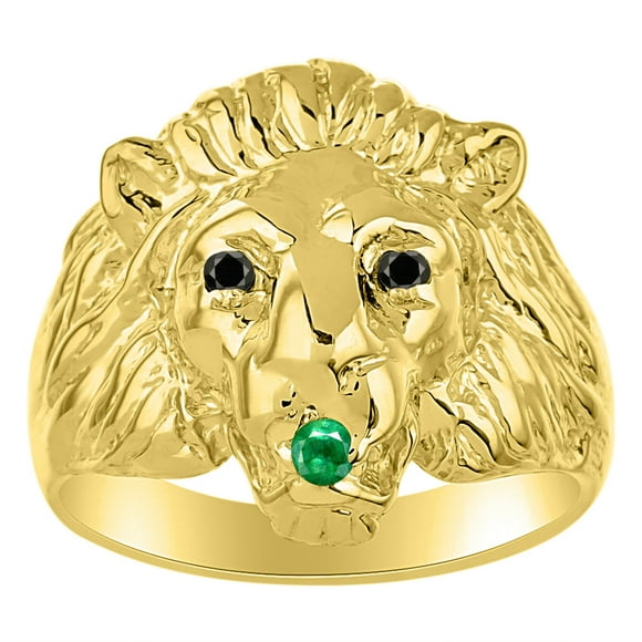 RYLOS Rings Gold Plated Silver Lion Head Ring Black Diamonds Eyes & Gemstone Mouth Fun Designer Rings Emerald Jewelry Size 9