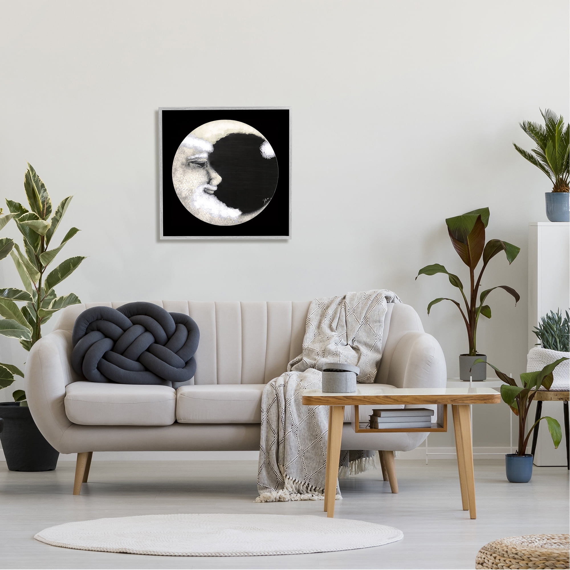 Stupell Smiling Round Moon Face Landscape Painting Gray Framed Art Print Wall Art