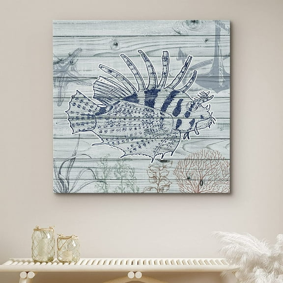 PixonSign Canvas Print Wall Art Lionfish Swims in Ocean Animals Beach Digital Art Modern Art Nautical Relax/Calm Blue Duotone for Living Room, Bedroom, Office - 24"x24"