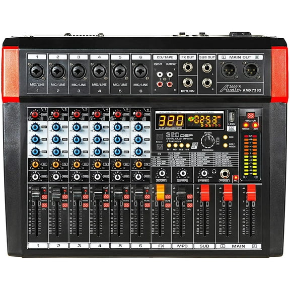 Audio2000'S AMX7382 Six-Channel Powered Audio Mixer with 320 DSP Sound Effects, Stereo Sub Out with Sub-Out Level-Control Fader, Level-Control Faders on All Channels, and USB/Computer Interface-NEW