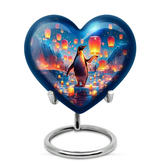 MUKTIVE Penguin Cremation Urns for Adult Ashes Women, Funeral Blue Urns for Adult Male, Keepsake Sky Lantern Urn for Father & Son, Memorial Heart Urn for Ashes, 3 Inch