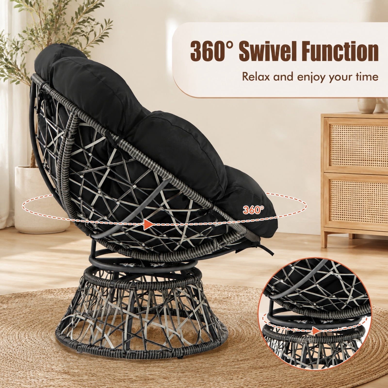 Furnibear PE Wicker Papasan Chair with Thick Removable Cushion 360 Degree Swivel Base and Metal Frame for Living Room and Sunroom, Black