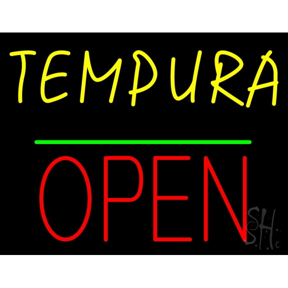 Tempura Block Open Green Line LED Neon Sign 15 x 19 - inches, Clear Edge Cut Acrylic Backing, with Dimmer - Bright and Premium built indoor LED Neon Sign for restaurant window and interior decor.