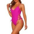 thumbnail image 4 of Women's 1 Piece Swimsuits Lace Up Criss Cross Bathing Suits Plunge Monokini Side Tie Strappy Swimwear Large Hot Pink, 4 of 5