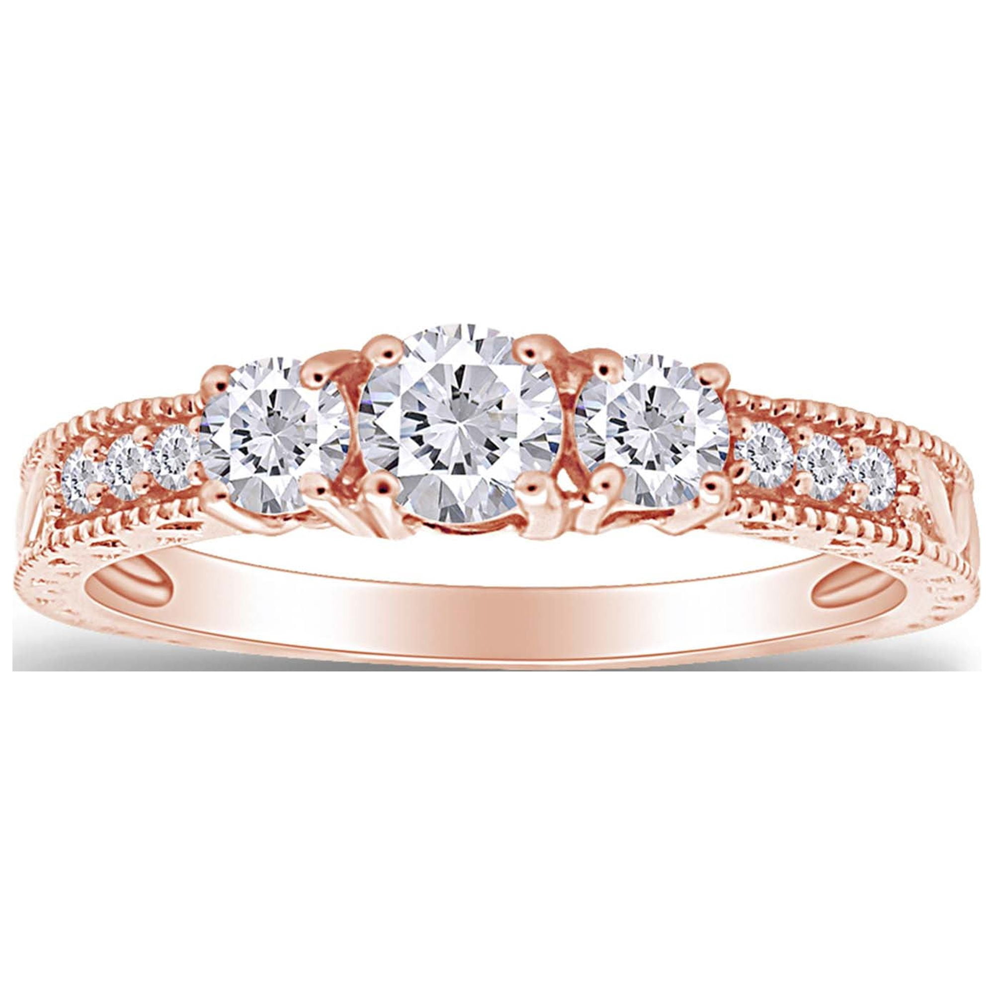AFFY White Cubic Zirconia Three Stone Promise Ring for Women 14K Rose Gold over Silver-10