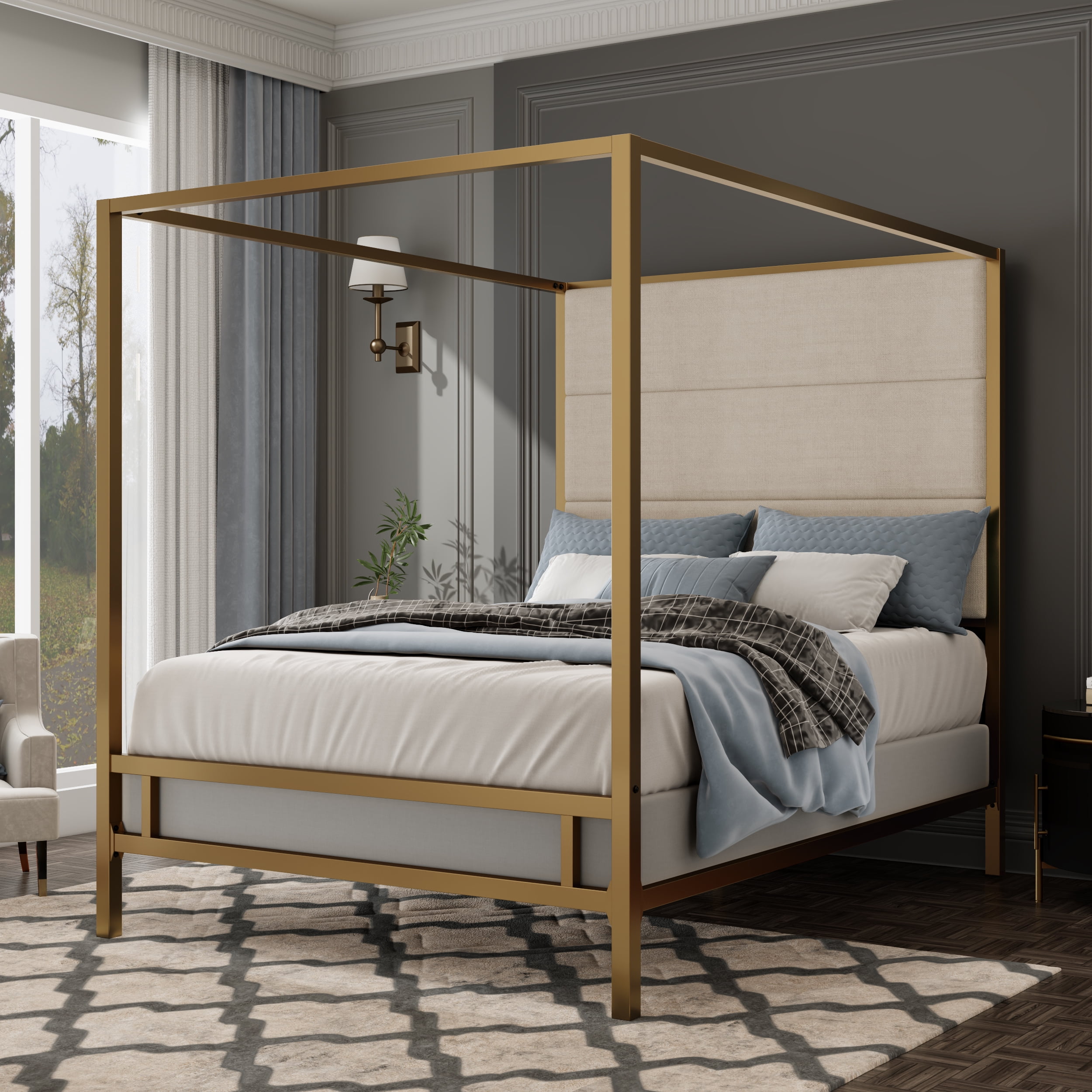 Euroco Cama con Dosel de Metal Tamaño Queen con Cabecera Tapizada, Dorado
