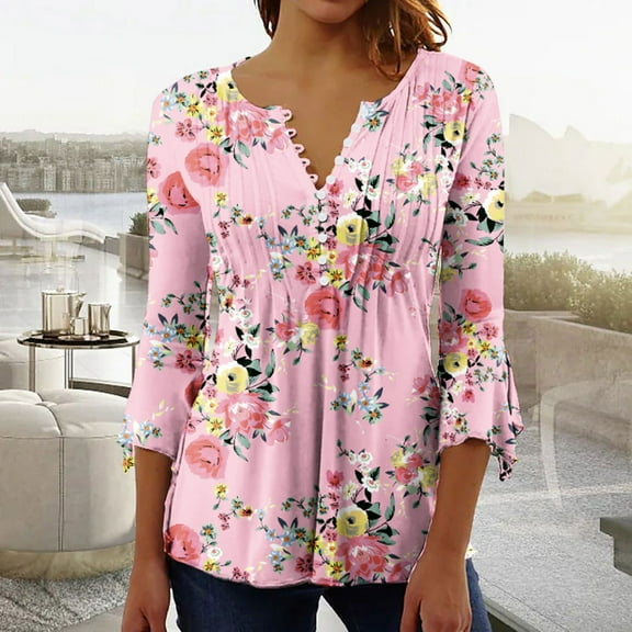Sakmal 3/4 Sleeve Spring Tops for Women 2024 Pleated V-Neck Button Graphic Tunic Womens Shirts for Summer