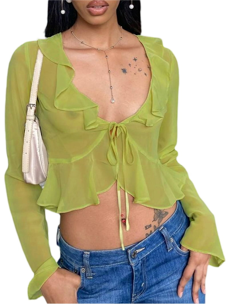 Floerns Women's Sheer Mesh Blouse With Flare Sleeves & Tie Front - Ruffle Hem Peplum Crop Top