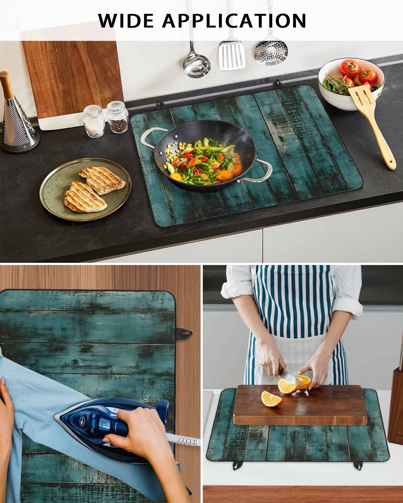 nqOlkjepod Large Induction Cooktop Protector Mat 24"x21", Teal Wood Print Stove Top Covers for Electric Stove, Farmhouse Vintage Shabby Plank Stove Burner Cover Mats, Glass Top Stove Cover