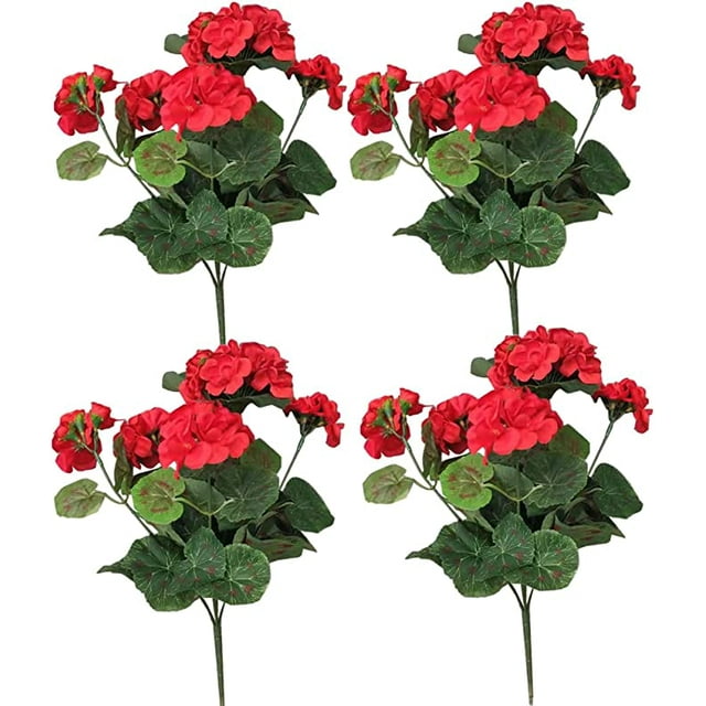 4 piezas de flores de geranio rojo artificial Arbusto de geranio falso 38 CM Planta de flor de seda falsa larga para jardinera al aire libre Jardín interior Decoración del hogar JAMW Sencillez