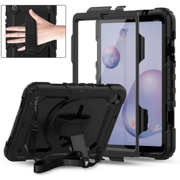 For Samsung Galaxy Tab A 8.4 2020 / T307 Shockproof Protective 360 Rotating Stand W. Strap Tablet Case Cover Black/Black