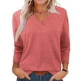 thumbnail image 4 of Oksale V Neck Tops for Women Stretch Cotton Spandex Long Sleeve Shirts Soft Cozy Fitted T ShirtsSolid Color Basic Tops Pink S, 4 of 9