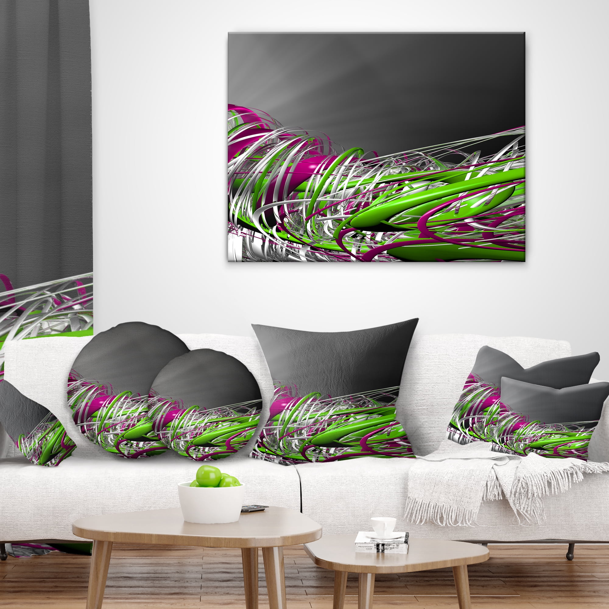 Designart Fractal 3D Green Purple Stripes - Contemporary Throw Pillow - 12x20