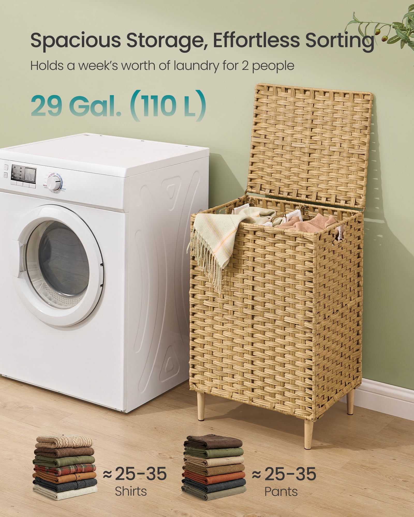 SONGMICS Laundry Hamper with Lid, PE Rattan,with Removable Liner, Storage Basket, 2-Section Sorter, 29 Gallons (110 L), Goose Yellow