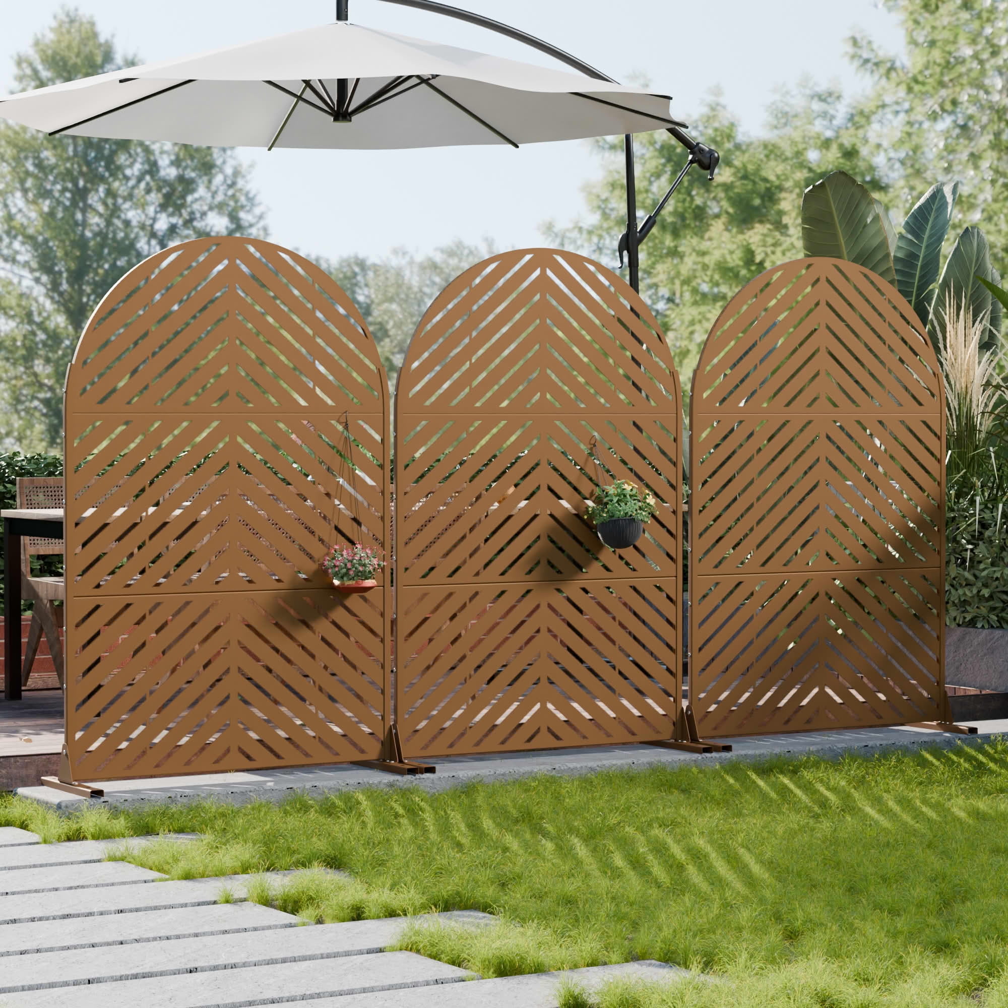 MAYEERTY Outdoor Metal Privacy Screen 6ft × 4ft Brown, 3-Panel Parallel Decorative Screen, Rust-Resistant for Patio