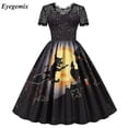 thumbnail image 3 of Vestido Retro de encaje para Halloween, disfraces de mujer de manga corta de los años 50 y 60, vestidos de fiesta Vintage con calavera y bruja, ropa aterradora para Halloween, Cosplay, 3 of 5