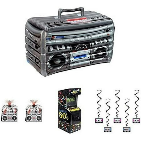 Beistle 1980's Themed Party Decoration Kit - Inflatable Boom Box Drink Cooler, 2 Stereo Centerpieces, 3-D Video Game Arcade Centerpiece, 5 80's Cassette Tape Hanging Whirls Spirals - Retro Music Decor