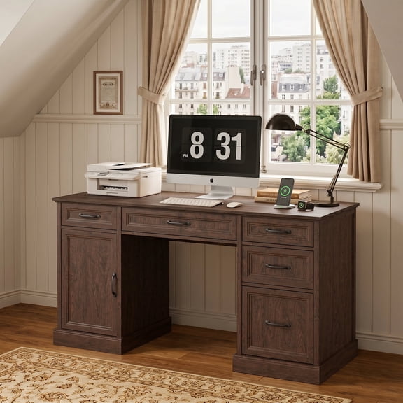 ASTUVIA Farmhouse 58" Computer Desk with Drawers,Wood Home Office Desk with Storage,Gaming Desk with Storage Shelves,Brown