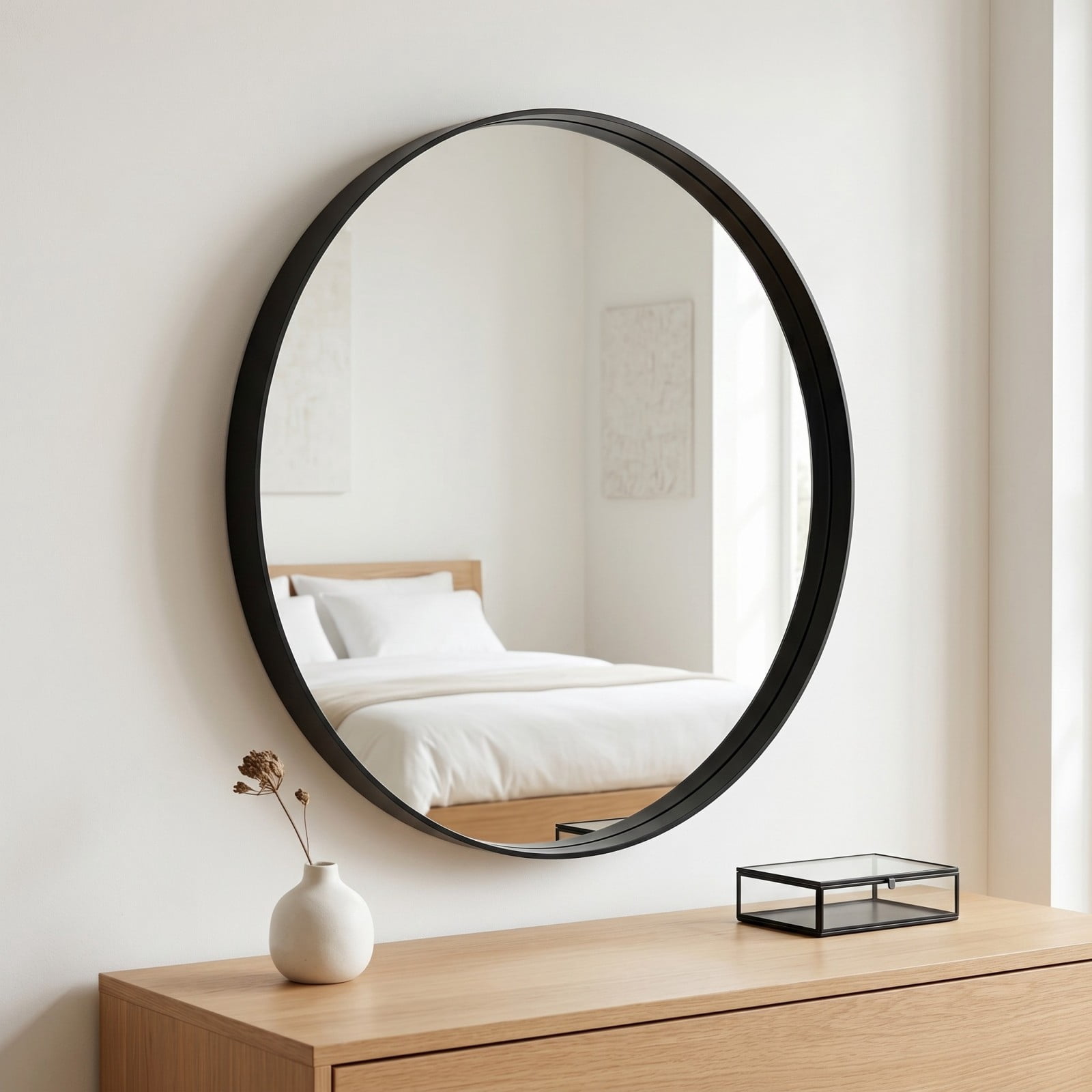 GRAHMCY 20" Round Bathroom Mirror Vanity Wall Mounted Mirror with Deep Frame, Black