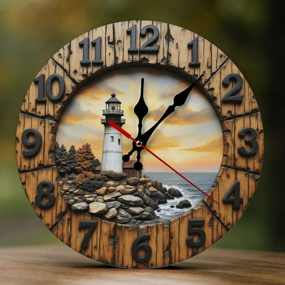 Wall Clock Decorative - Rustic Lighthouse-B Print 2D Vintage Wall Clocks Battery Operated Silent Non-Ticking for Bedroom, Living Room, Kitchen, Office, Classroom, 10 Inch