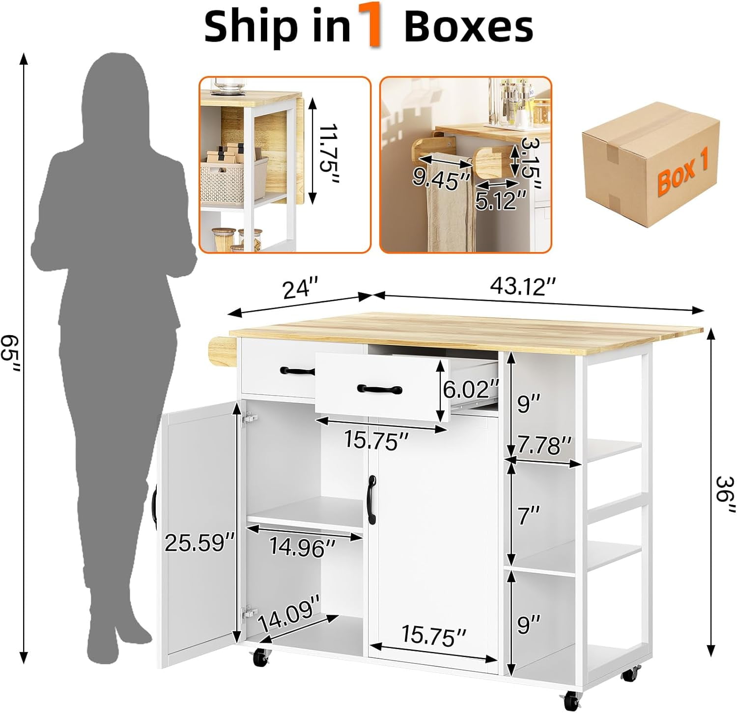 Garvee Rolling Kitchen Island Cart 43.12 x 24 x 36", with Drop Leaf, 4 Wheels with Storage, White