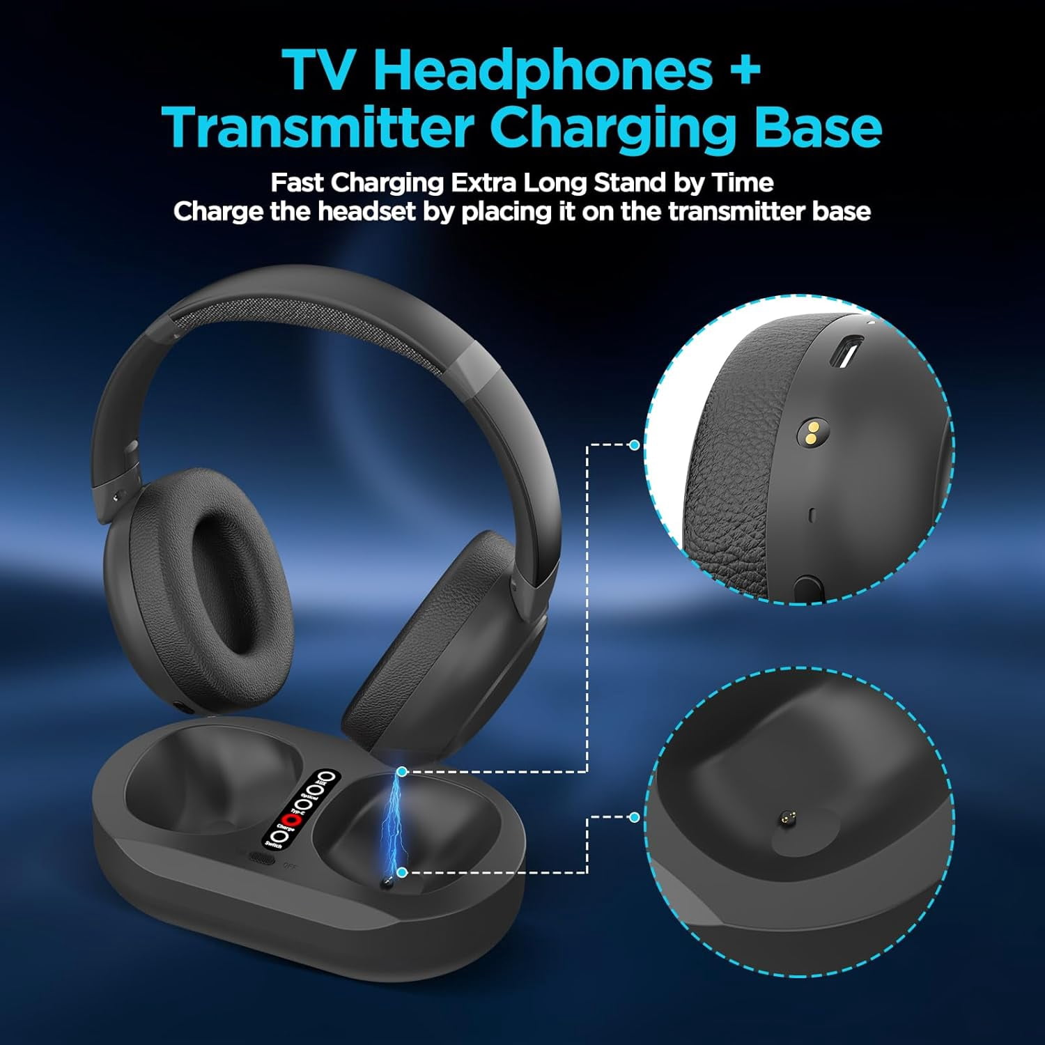 Wireless TV Headphones with 2.4G Digital RF Transmitter and Bluetooth, Wireless Over Ear Headphone with Charging Base, Support Optical/USB/RCA/BT, No Audio Delay, Compatible All TVs