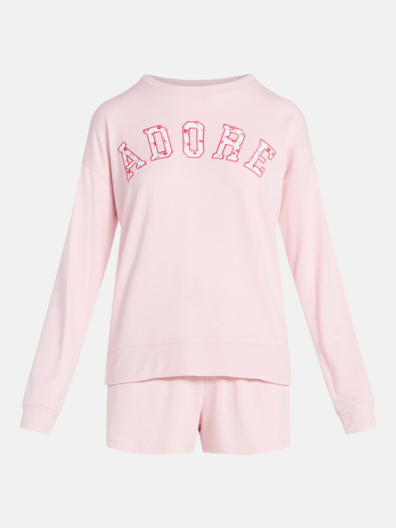 Joyspun Women's French Terry Long Sleeve Top and Shorts Lounge Set, 2-Piece, Sizes XS-3X