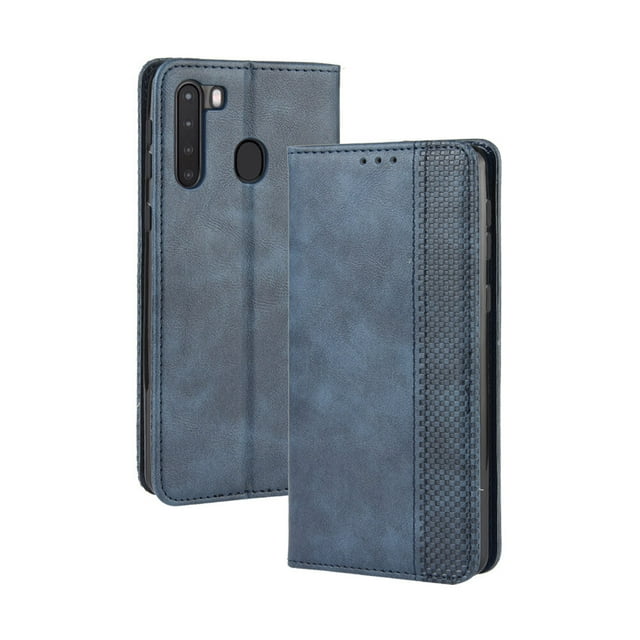 Compatible with Samsung Galaxy A21 Case Magnetic Closure Vintage Pattern PU Leather Wallet Cover with Card Slots-Blue