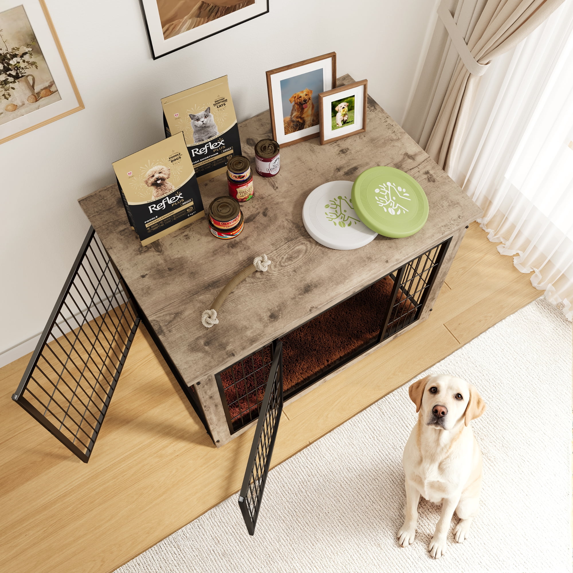 Furmax Heavy-Duty Wooden Dog Crate 2-Door Furniture Style Kennel with Chew-Proof Design & Removable Cushion, End Table for Small, Medium, Large Dogs