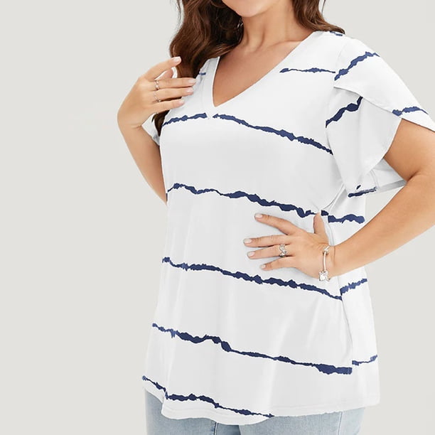 Fiudx Tops para Mujer Top de Manga Corta con Cuello En V y Estampado de Hojas Grandes para Mujer