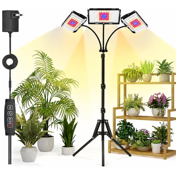Behome 3-Head Grow Lights for Indoor Plants with Stand, Full Spectrum Plant Light with 3/6/12H Auto Timer, 10 Brightness Levels & 3 Light Modes, Adjustable Tripod Grow Lamp for Tall Plants
