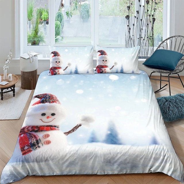 Juegos de ropa de cama juegos de colchas de muñeco de nieve navideño fundas de almohada Impresión 3D regalos de sábanas y camas Queen tamaño