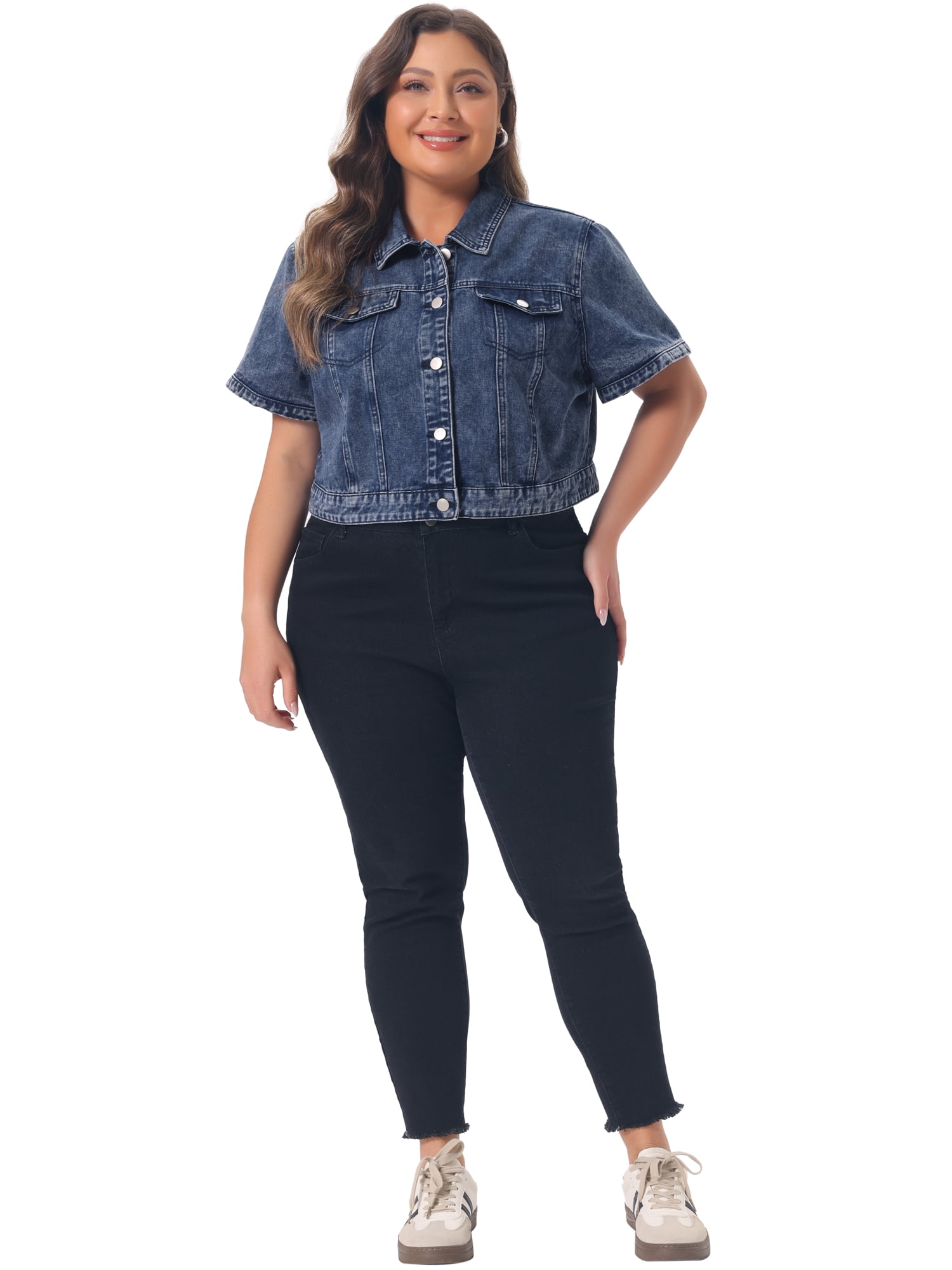 DARING DIVA Women's Plus Size Short Sleeves Button Down Jean Jacket 4X Snow Washed Blue