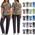 thumbnail image 2 of Yungyresw Scrubs for Women Set Floral Print V-Neck Short Sleeve Scrub Top & Pant Plus Size Nurse Shirt Soft Nurse Uniform with Pockets, 2 of 7