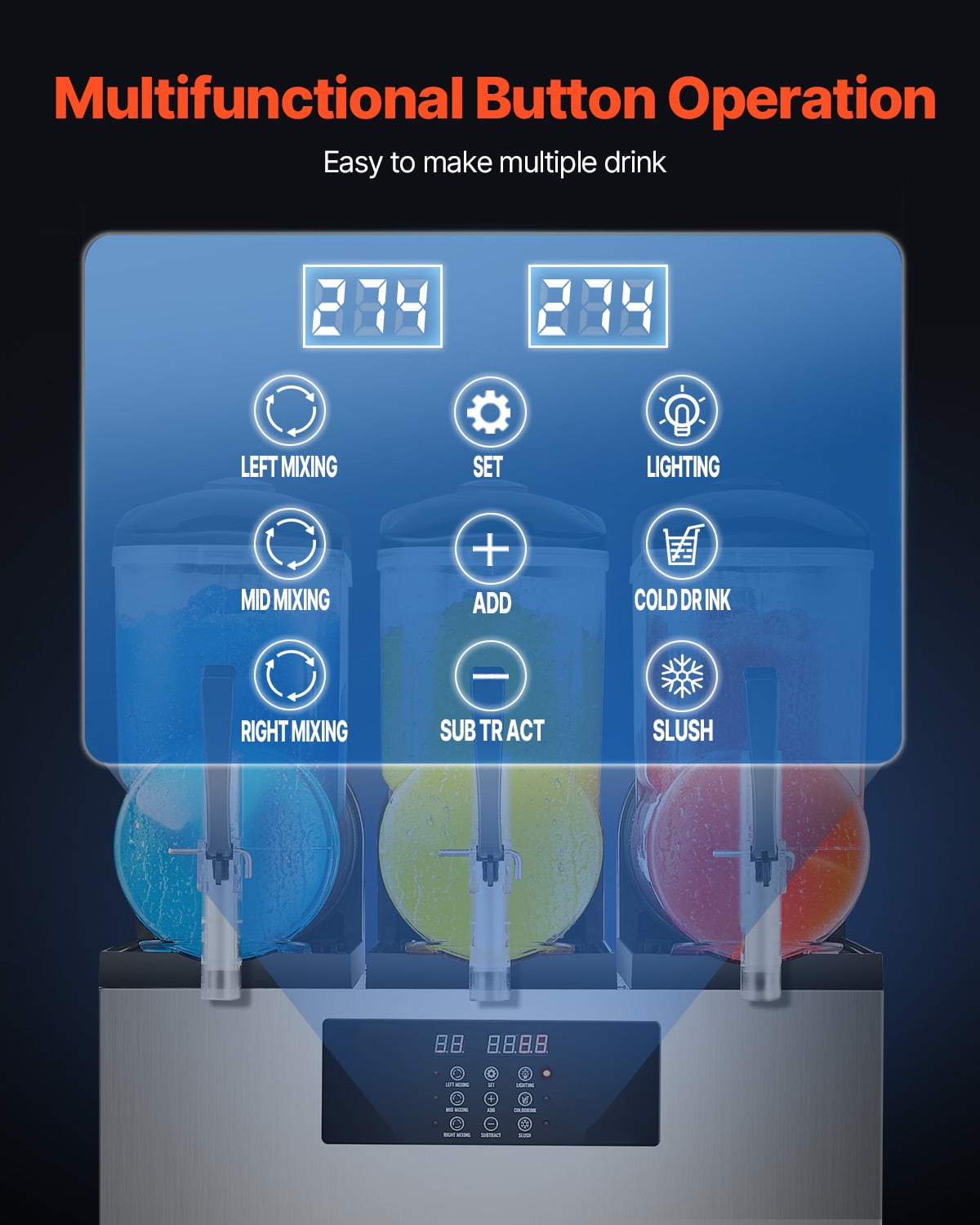 KFFKFF Commercial Slushy Machine, Frozen Drink Maker, Stainless Steel PC PP, 24.4×21.85×31.88 in