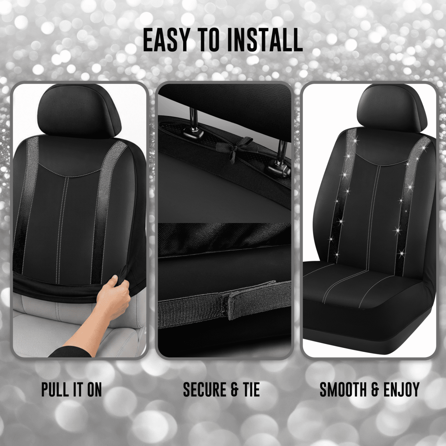 Auto Drive Diamond Leather Car Seat Cover,Luxury Bling Crystal Design,Universal Fit for Cars,SUVs Sliver Black