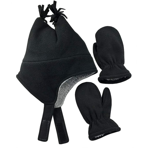 N'Ice Caps Boys Toddler Baby Warm Sherpa Lined Fleece Ski Hat Mitten Winter Set - Kids Black
