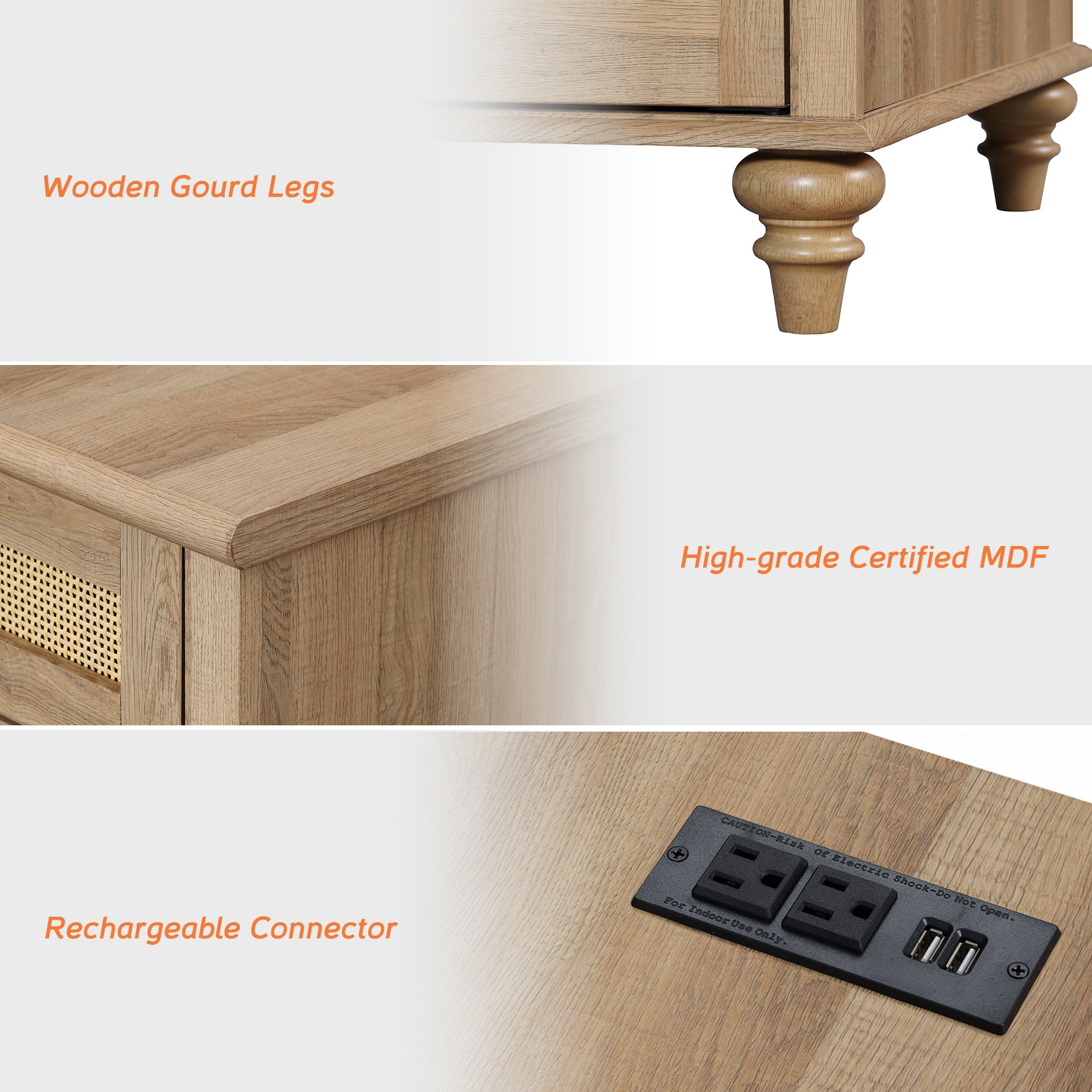 Oak Farmhouse End Table with Charging Station, Wooden Side Table with Rattan Drawer and Cabinet for Living Room Bedroom