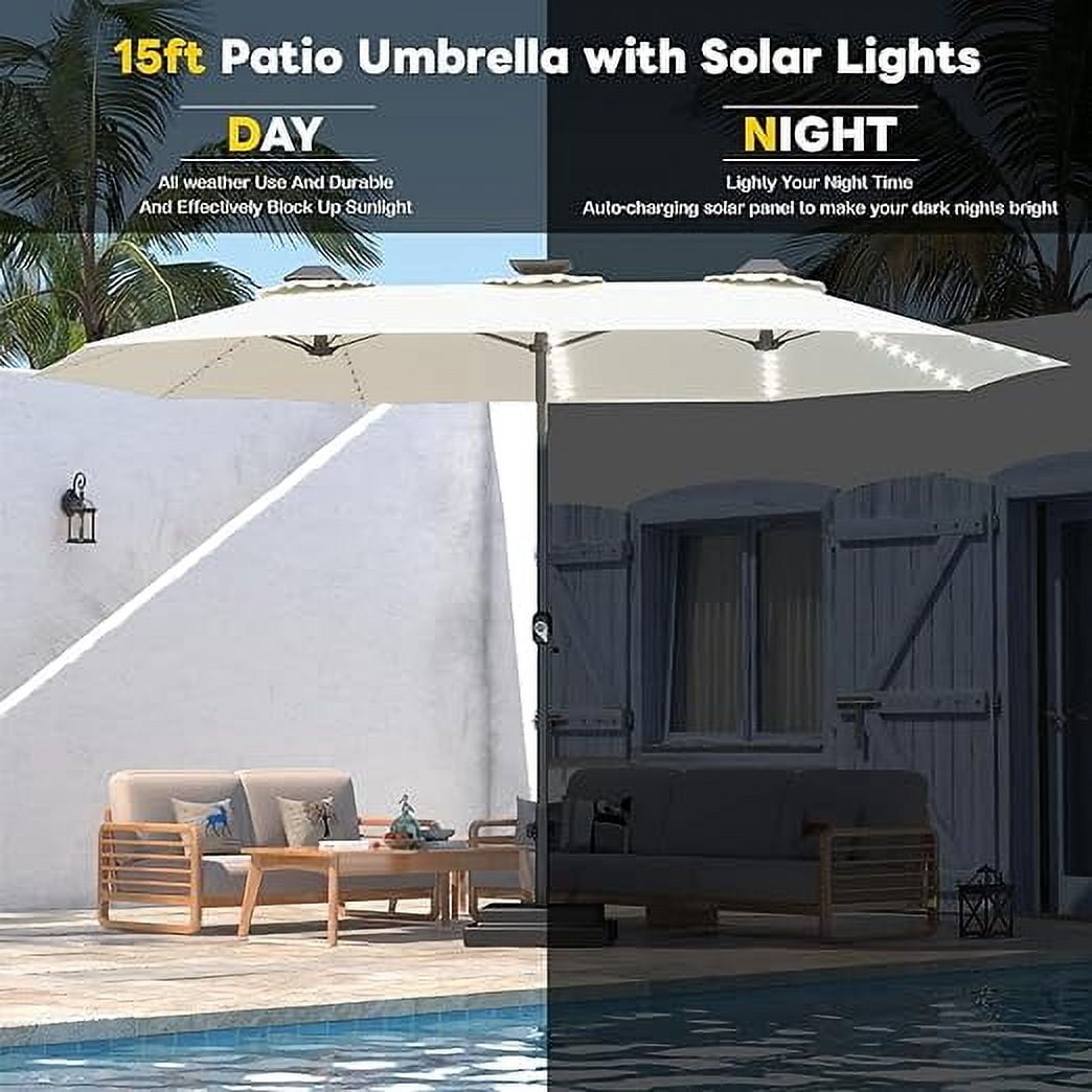 AECOJOY 15ft Patio Umbrella with Solar Lights, Large Double Umbrella Outdoor Patio, Rectangle TableUmbrella with 156 PCS LED Lights and Crank Handle for Backyard Deck Pool Shade in Beige