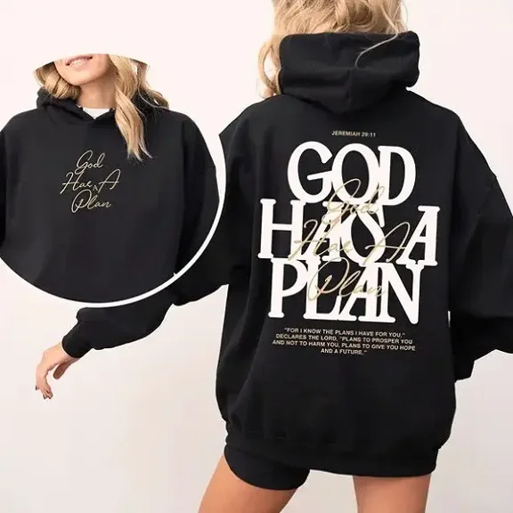 Christian “God Has a Plan” Hoodie, 2-Sided Graphic Faith Pullover, Unisex Fleece Hoodie for Men & Women, Religious Inspirational Gift