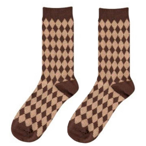 Style 1 Calcetines gruesos y cálidos de otoño para mujer, medias de tubo Harajuku con patrón de cuadros Argyle a rayas geométricas de estilo universitario japonés