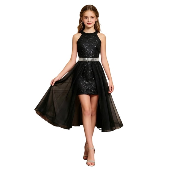 WOYY Girls Sparkly Sequins Halter Dress Elegant Party Pageant Princess Dress, Black, Sizes 12-16