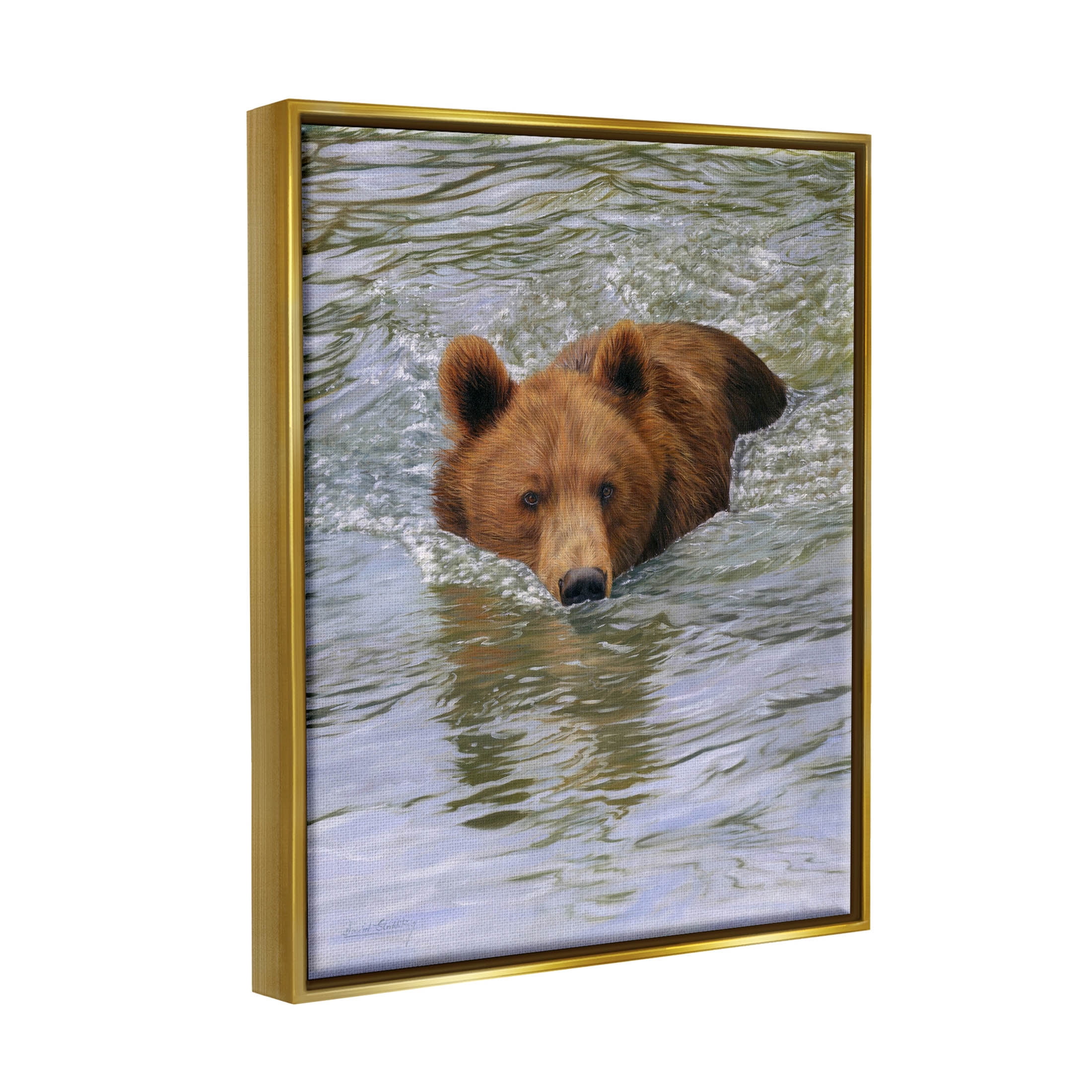 Brown Bear Lake Water Splash Animals & Insects Photograph Metallic Gold Framed Art Print Wall Art
